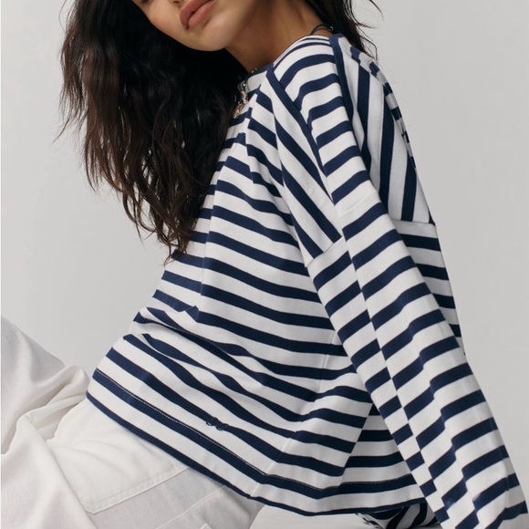 Anthropologie Navy & White Striped Boatneck Sweatshirt - Picture 5 of 6